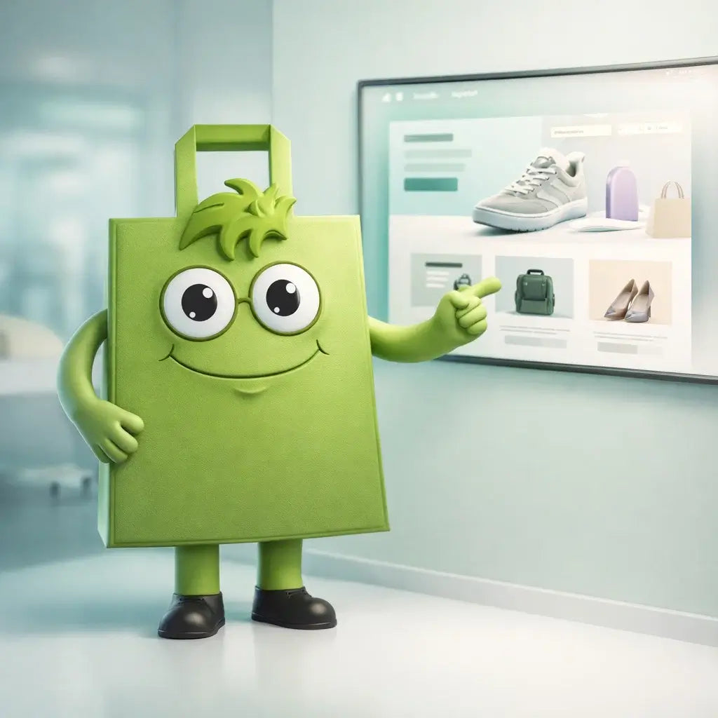 Green animated bag character in a modern office setting with a computer screen displaying product images.